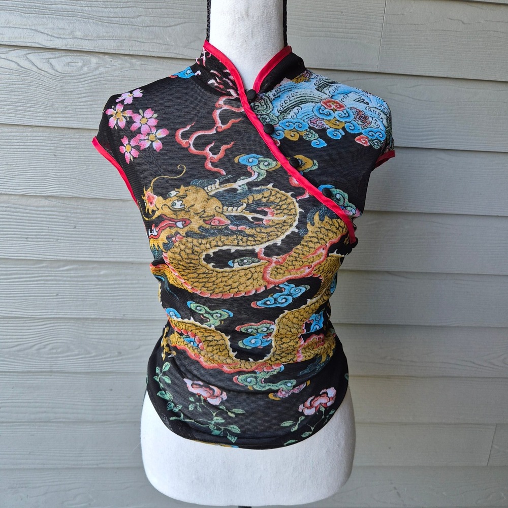 Vintage Arden B Dragon Print Mesh Tang Top Womens Small Y2K CyberY2K Streetwear
